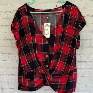 Coeur De Vague Red Plaid Short Sleeve Knotted Top